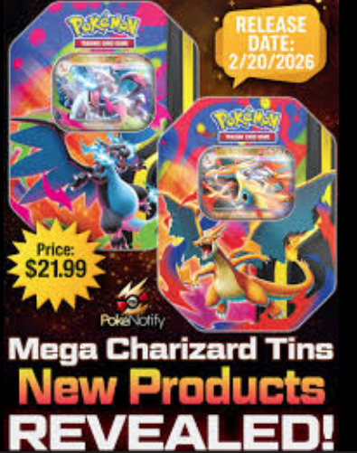 Spring 2026 Tins to Feature Mega Charizard X ex and Mega Charizard Y ex!